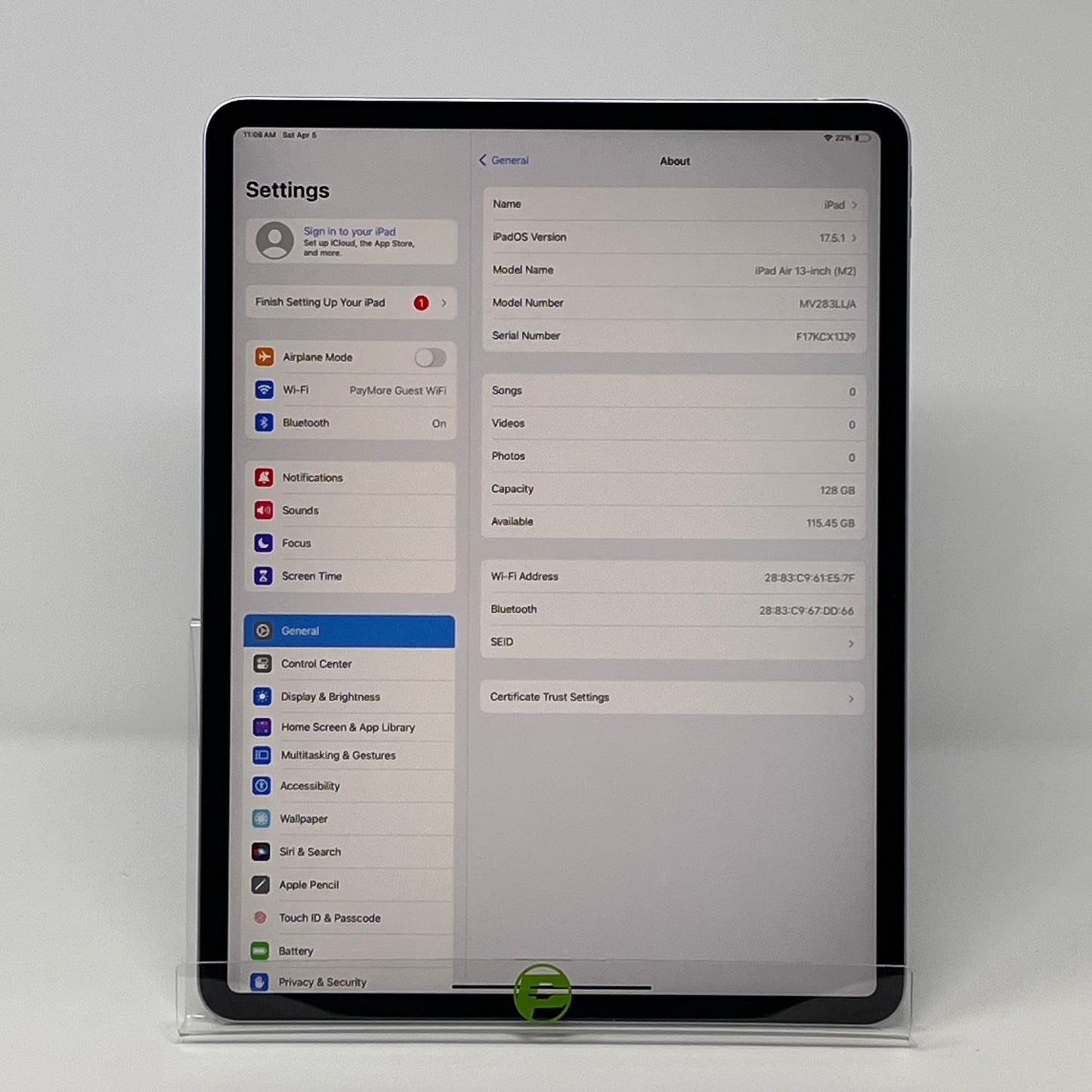 WiFi Only Apple iPad Air 13" M2 128GB 17.5.1 Blue MV283LL/A