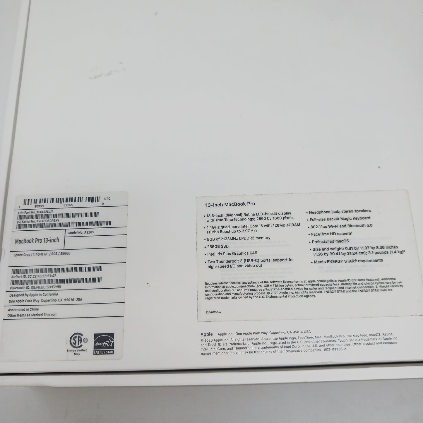 2020 Apple MacBook Pro 13.3" i5 1.4GHz 8GB RAM 256GB SSD Silver A2289