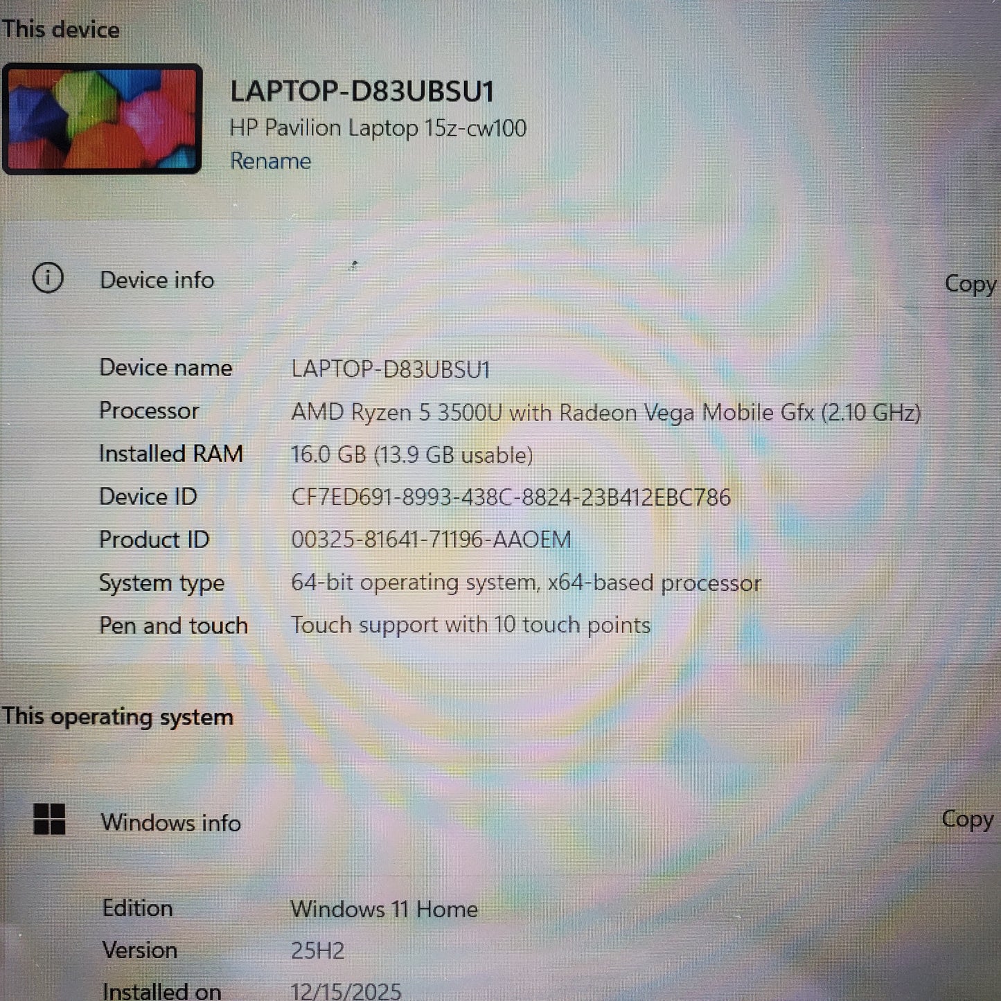 HP Pavilion 15Z-CW100 15.6" Ryzen 5 3500U 2.1GHz 14GB RAM 256GB SSD Radeon Vega 