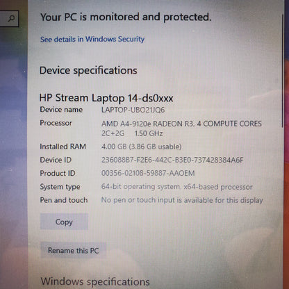 HP Stream 14-DS0040NR 14" AMD A4-9120e Radeon R3.4 1.5GHz 4GB RAM 32GB SSD AMD Radeon R3 Graphics 