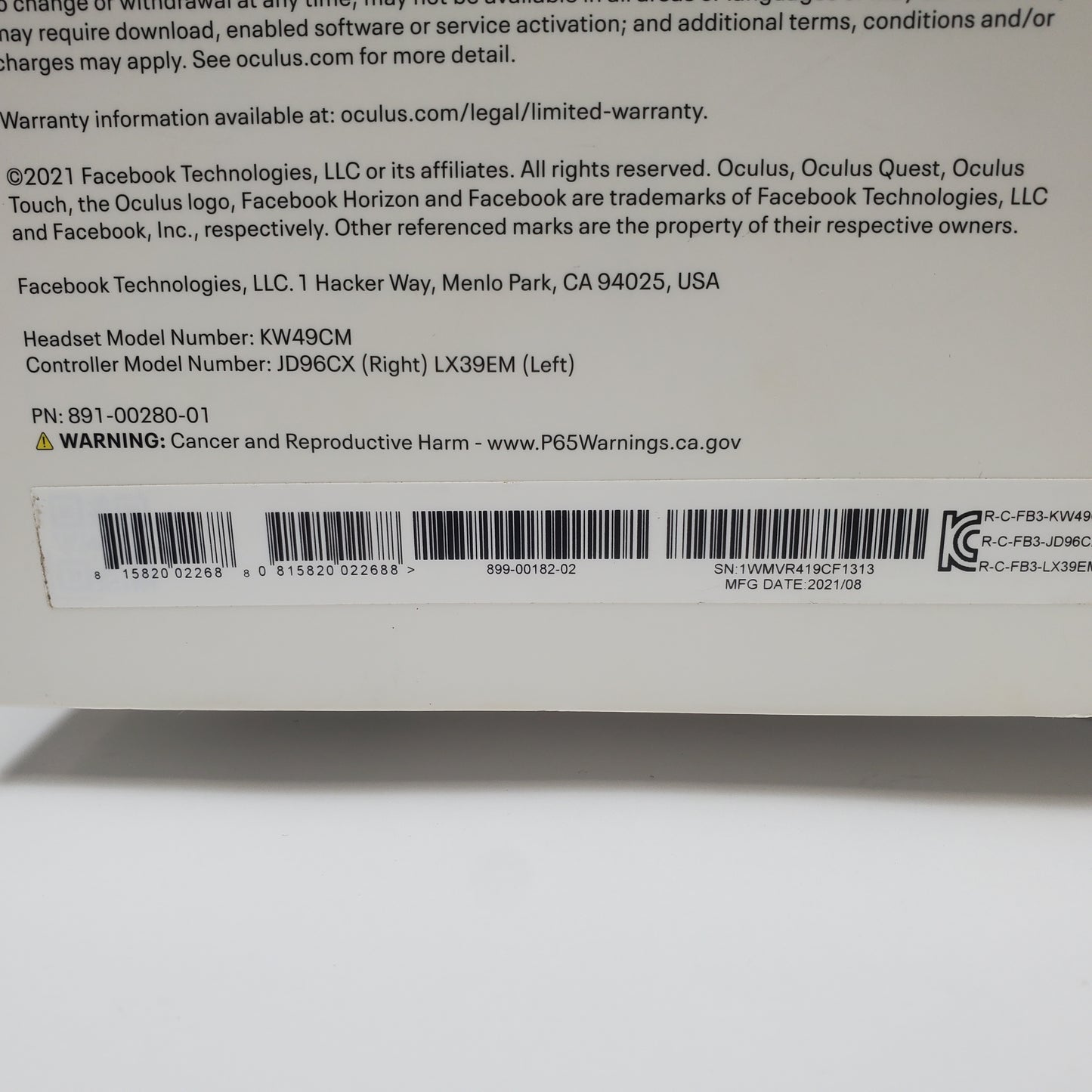 Oculus Quest 2 128GB Standalone All-in-One VR Headset KW49CM