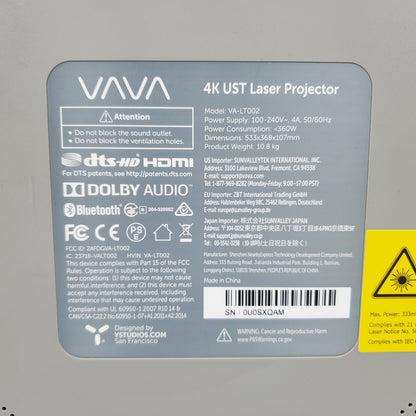 VAVA VA-LT002 4K UHD Ultra Short Throw Laser Projector 1800 ANSI Lumens HDR10