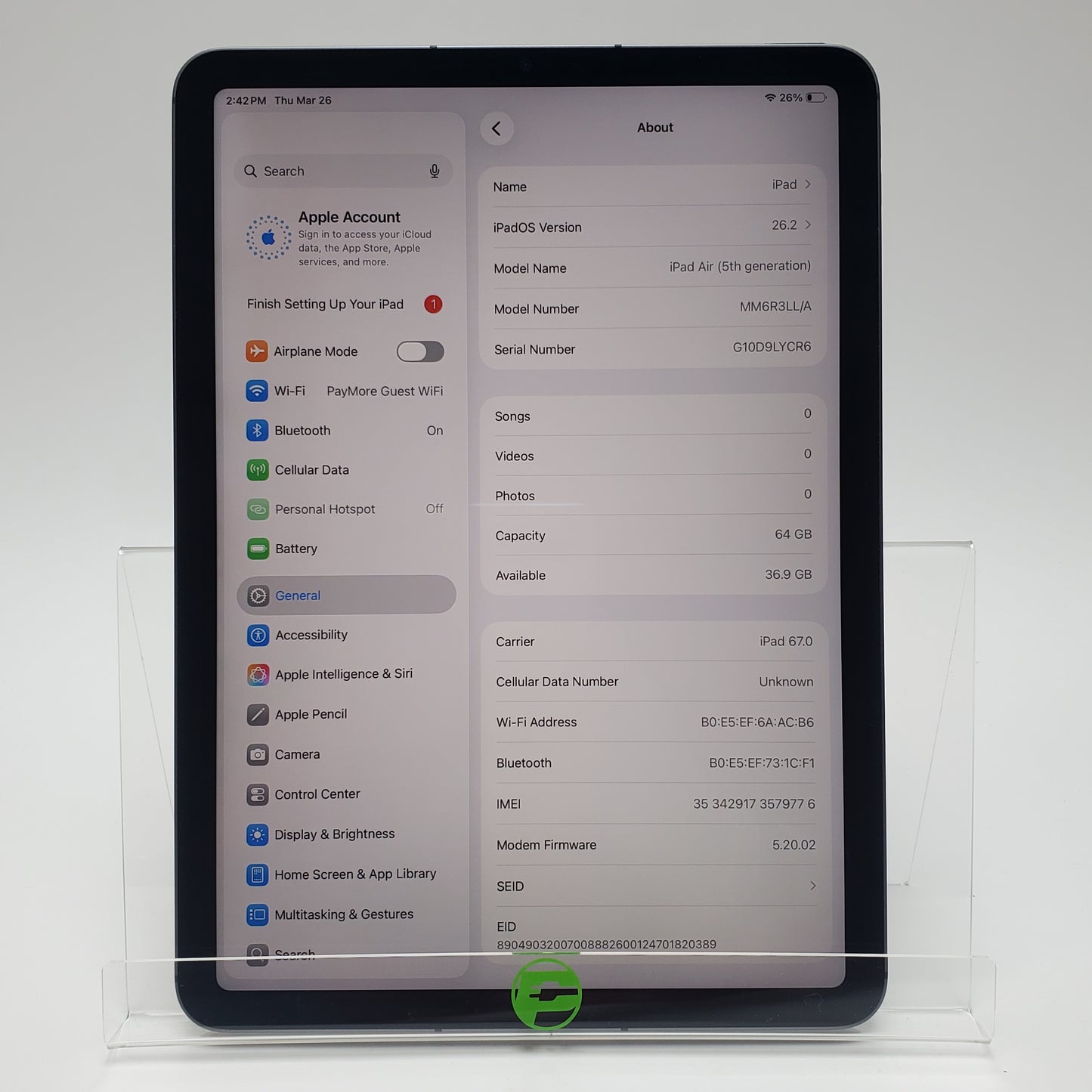 Unlocked Apple iPad Air 5th Gen 64GB Space Gray MM6R3LL/A