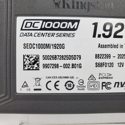 Kingston DC1000M 1.92TB NVMe U.2 SSD Enterprise Data Center SSD w/ PCIe Adapter