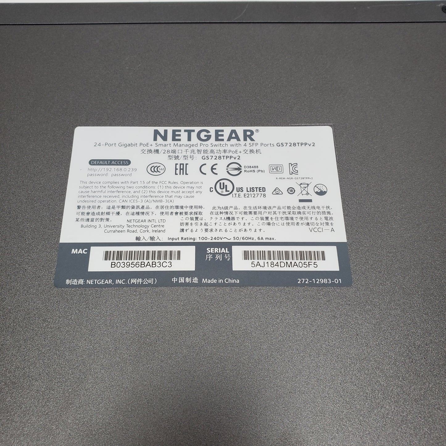 Netgear ProSAFE 24-Port Gogabit PoE+ Smart Managed Pro Switch GS728TPPV2