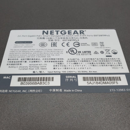 Netgear ProSAFE 24-Port Gogabit PoE+ Smart Managed Pro Switch GS728TPPV2