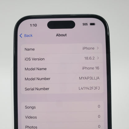 Factory Unlocked Apple iPhone 16 128GB Black MYAP3LL/A