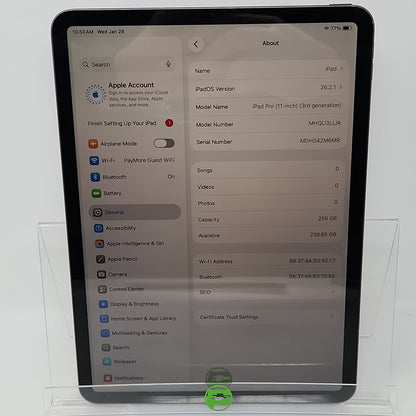 WiFi Only Apple iPad Pro 11" 3rd Gen 256GB Space Gray MHQU3LL/A