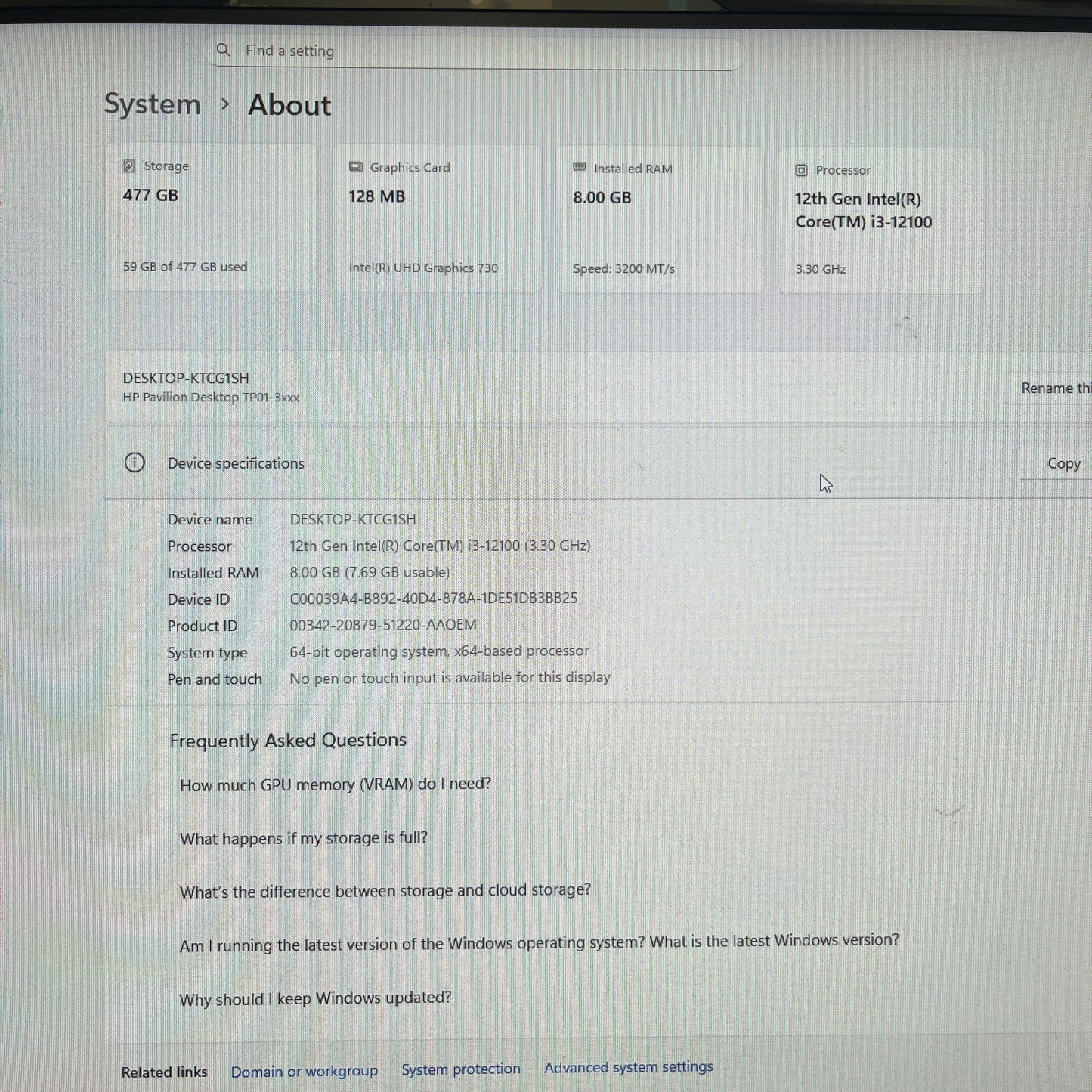 HP Pavilion TP01-3030 i3-12100 3.30GHz 8GB RAM 512GB SSD Intel HD Graphics