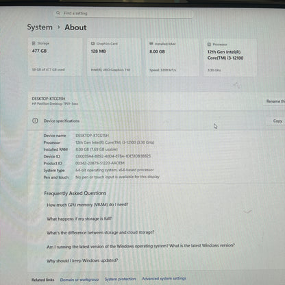 HP Pavilion TP01-3030 i3-12100 3.30GHz 8GB RAM 512GB SSD Intel HD Graphics